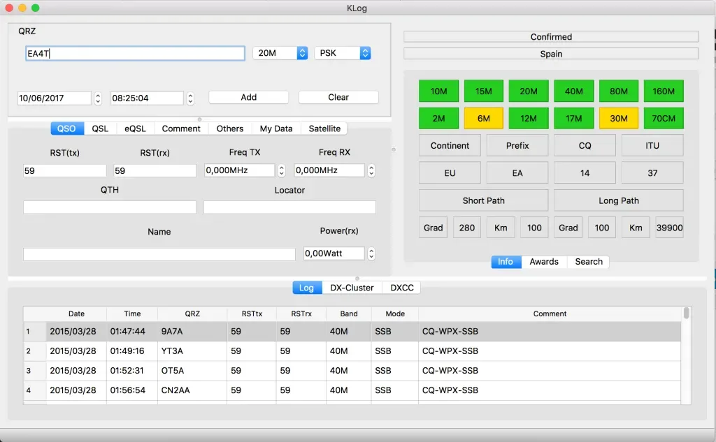 Historical KLog macOS interface showing callsign entry, band and mode selectors, confirmation panel and contact log; not Windows 2.6