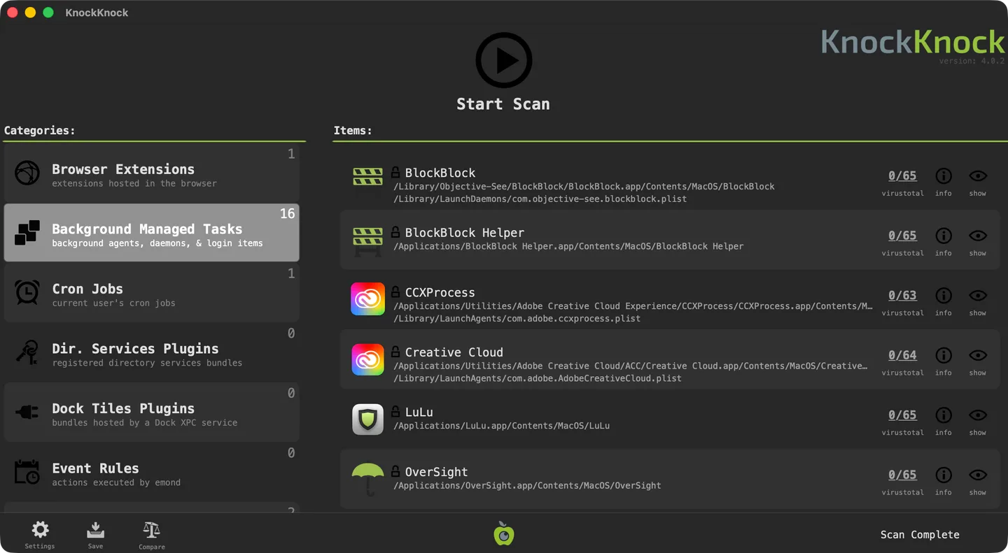 KnockKnock 4.0.2 showing Background Managed Tasks, item paths and VirusTotal result controls on macOS