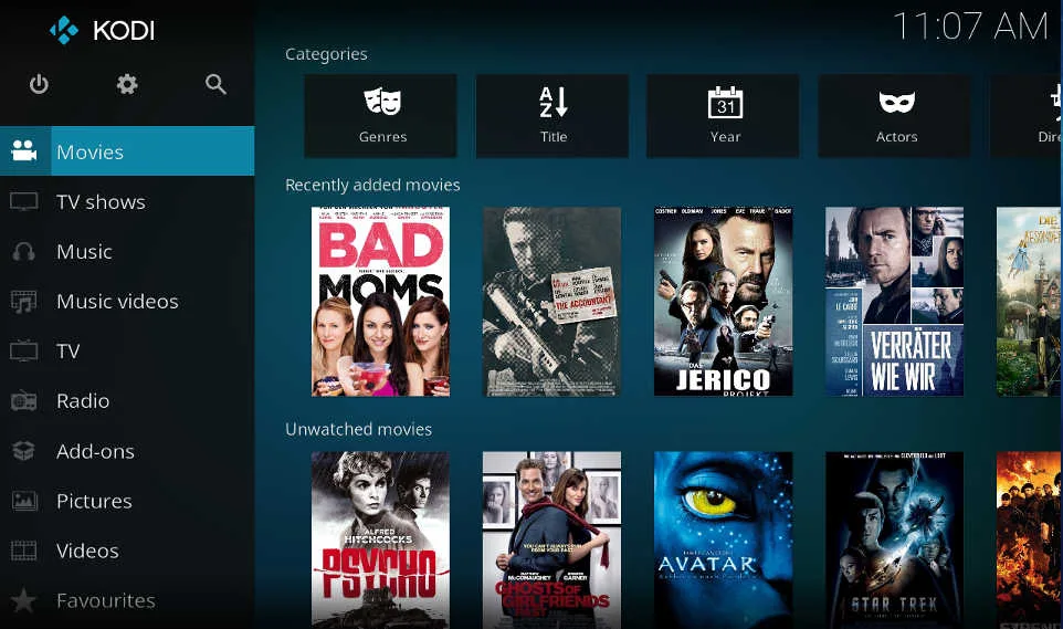 Kodi Estuary home screen with Movies selected, category shortcuts and recently added and unwatched movie artwork.