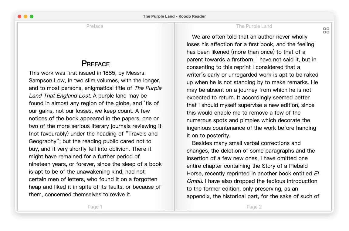 Koodo Reader on macOS showing The Purple Land in a two-page reading layout