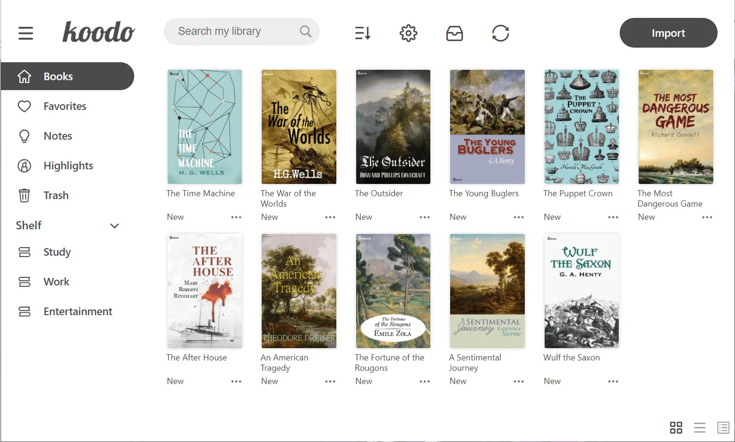 Publisher's Koodo Reader book library showing cover thumbnails, search, Import and a sidebar with shelves, notes and highlights