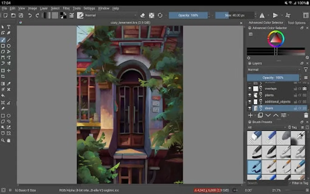 Krita on Android showing a painted doorway, layer controls, brush presets and the color selector
