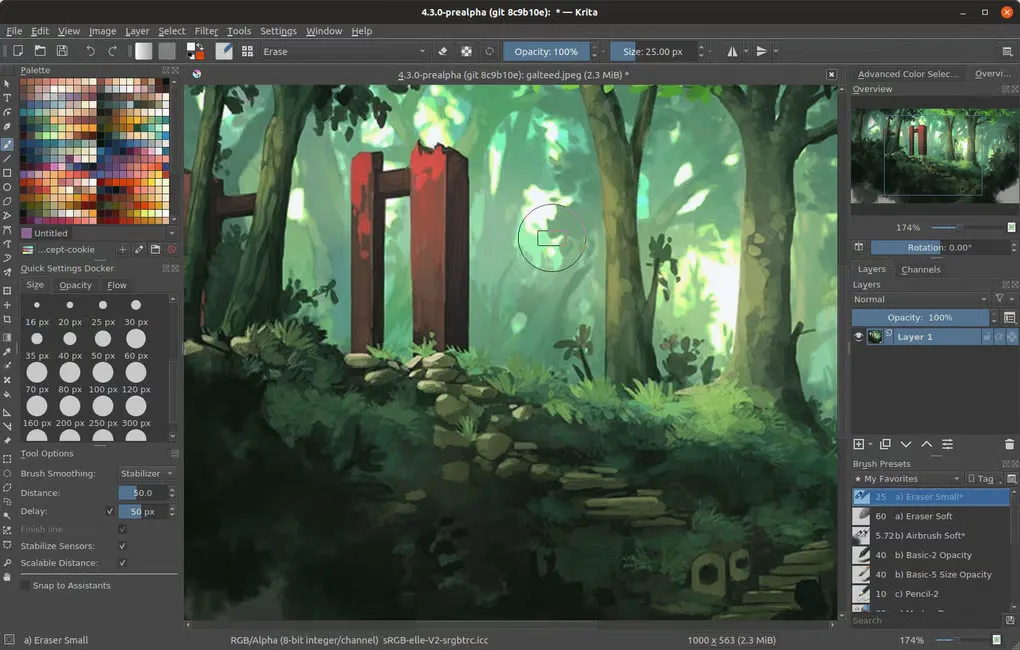 Older Krita painting workspace showing a forest illustration, color palette, layers and brush presets.