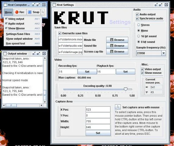 Historical Windows XP screenshot of Krut recording controls, output log and audio, video and capture-area settings