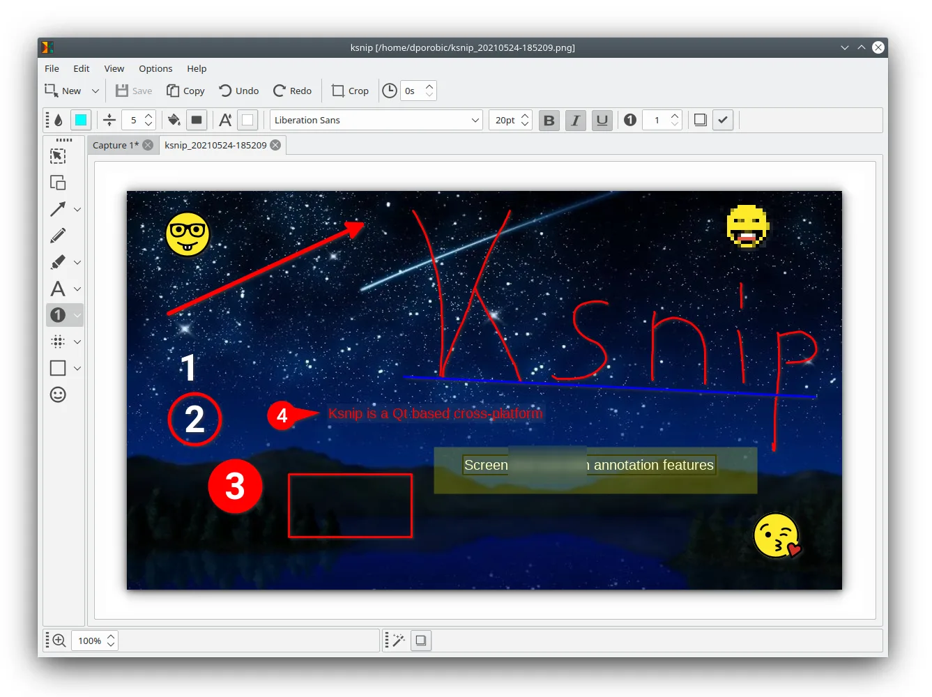 Publisher's Ksnip editor example on Linux, showing annotation toolbars, arrows, numbered markers, text and stickers