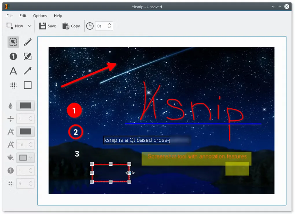 Ksnip annotation editor with drawing tools, numbered markers, an arrow and highlighted text on a sample image.