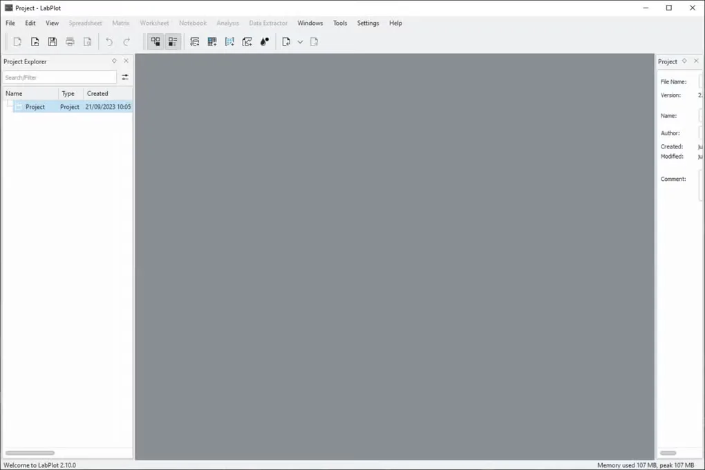LabPlot 2.10.0 on Windows showing an empty project, Project Explorer and project properties