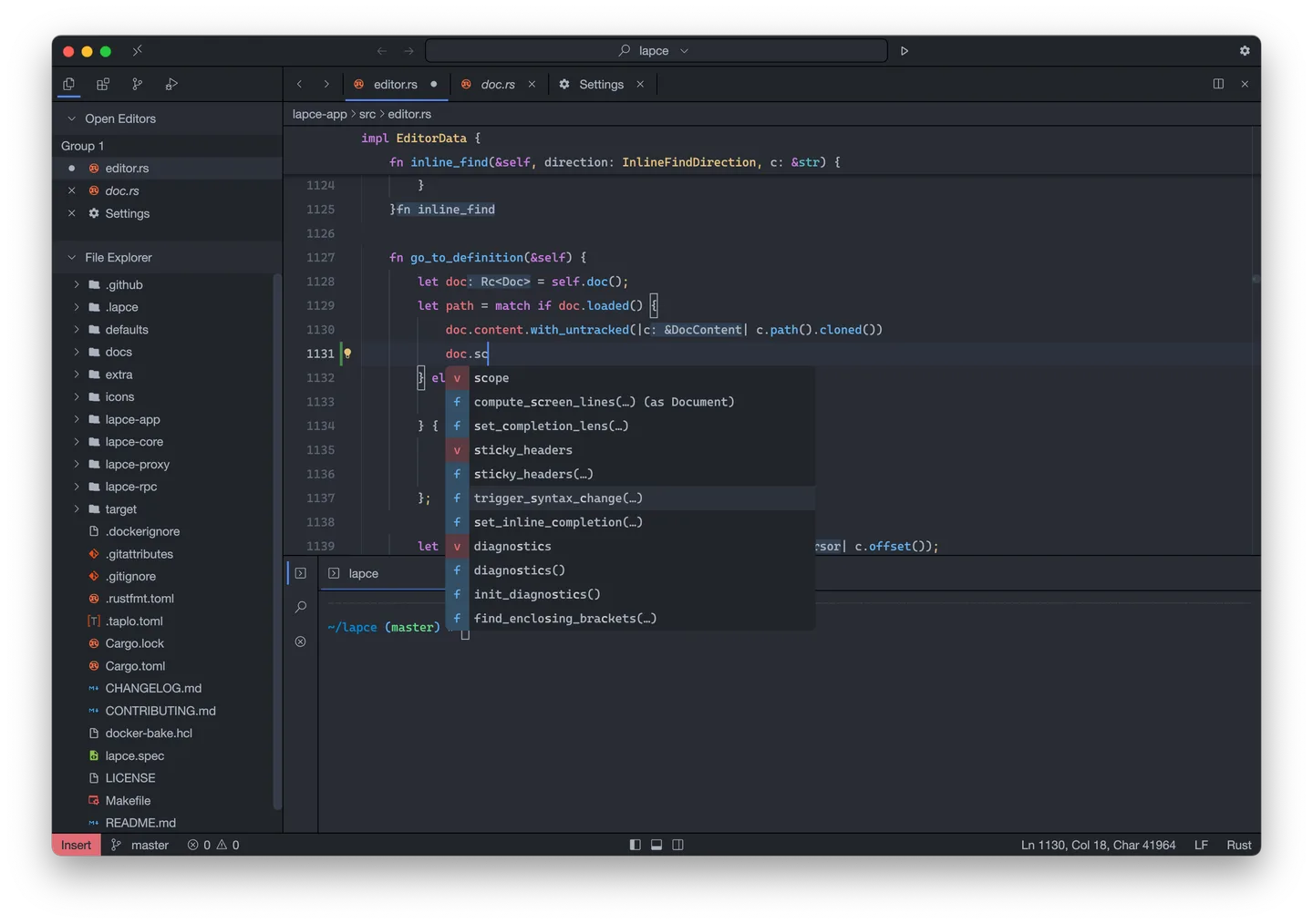 Publisher illustration of Lapce with Rust code completion, a project file explorer and terminal; macOS-style window controls.
