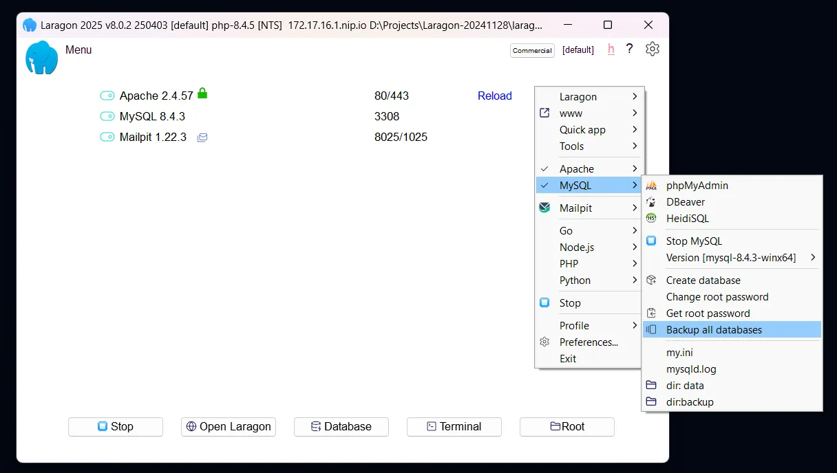 Publisher's Laragon v8.0.2 Windows dashboard with Apache, MySQL and Mailpit services and the MySQL context menu open