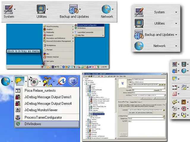 Publisher montage of LaunchBar Commander showing horizontal and vertical docks, cascading program menus and the tree-based configuration editor on Windows.