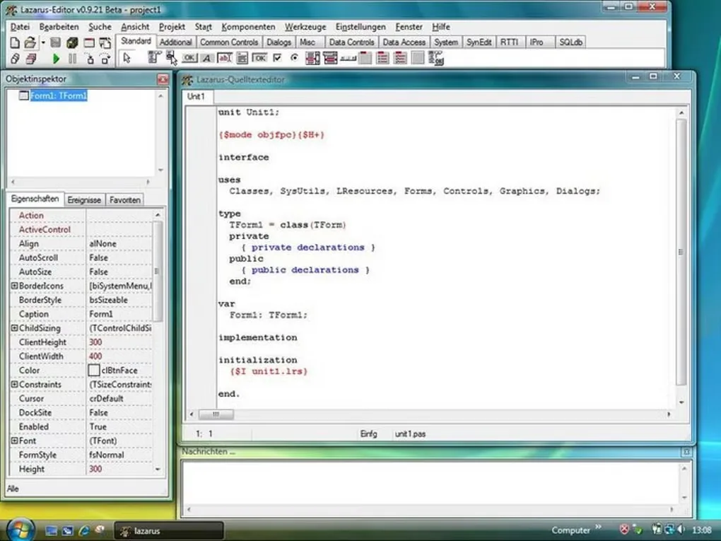 Historical Lazarus Windows IDE with German menus, Object Pascal source editor and object inspector; older beta, not release 4.8