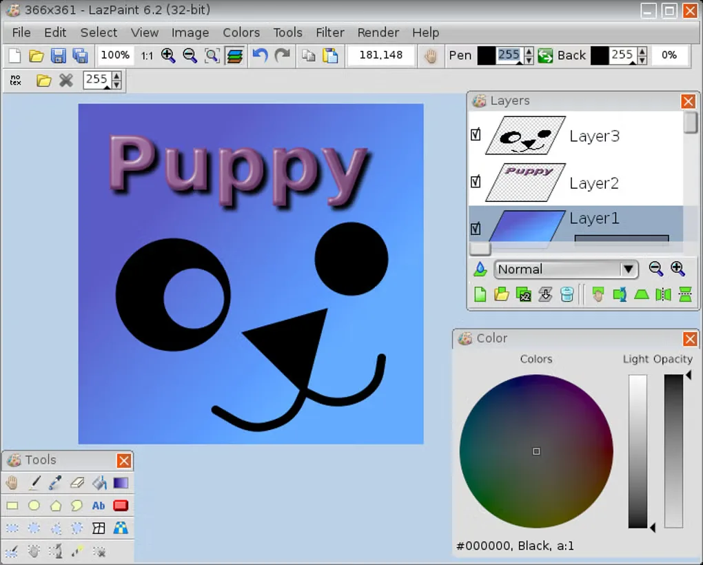 Historical LazPaint 6.2 Windows screenshot with English menus, a puppy-face drawing, separate Layers and Color windows and a floating toolbox.