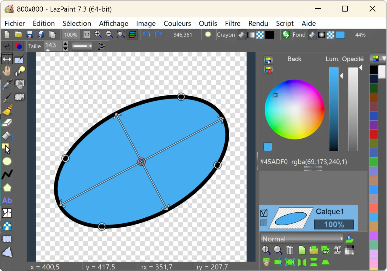 LazPaint 7.3 on Windows with French menus, a blue ellipse on a transparent canvas, drawing tools, color controls and a layer panel.