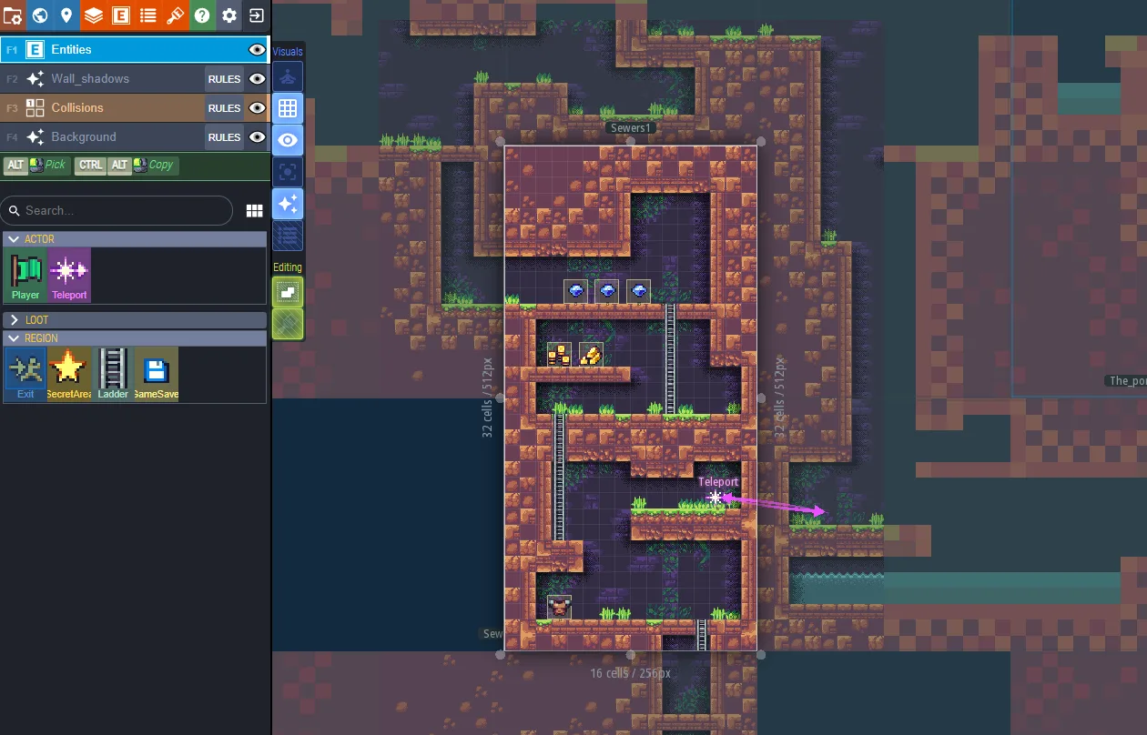 LDtk editor showing entity and layer panels beside a tiled platformer level with a teleport path.
