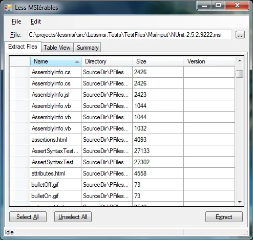 Publisher's historical lessmsi window showing an MSI file list, Table View tab and Extract button