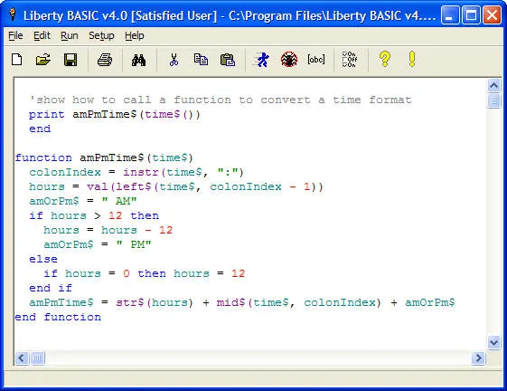 Historical Liberty BASIC v4.0 editor on Windows XP showing syntax-colored BASIC function code