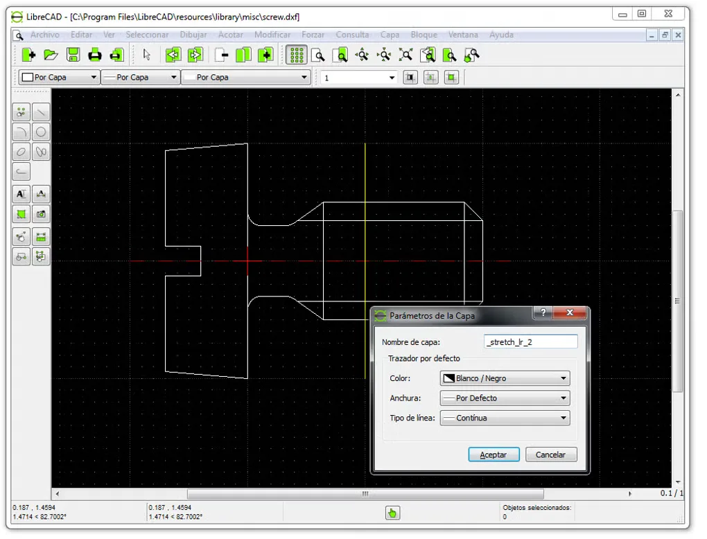 Legacy LibreCAD Windows interface showing a 2D screw drawing and layer-parameters dialog; screenshot version unspecified.