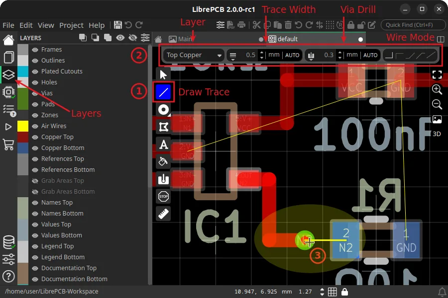 LibrePCB board editor drawing copper traces; publisher's annotated 2.0.0-rc1 Linux tutorial screenshot, not the current Windows release