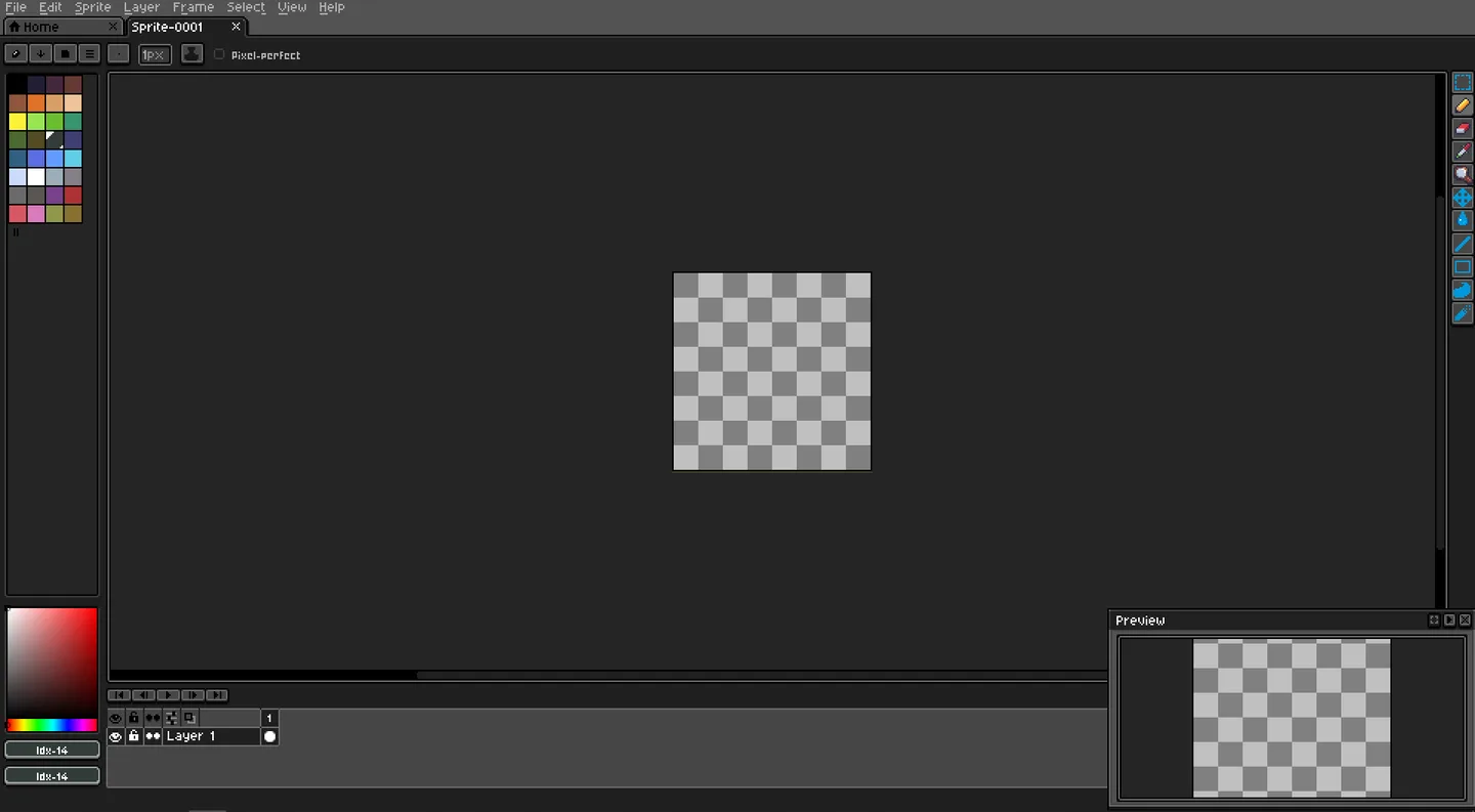 LibreSprite editor with the optional Neutral Dark theme, showing a checkerboard canvas, color palette, tools, layer timeline and Preview panel; capture OS unspecified.