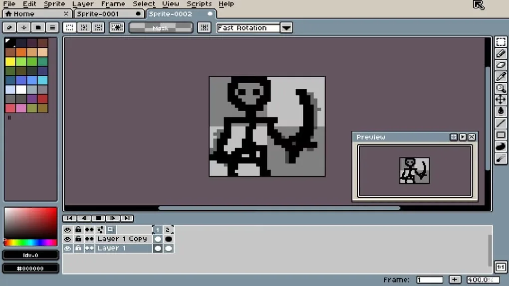 LibreSprite editor showing a black pixel-art character, color palette, two-layer frame timeline and floating animation preview