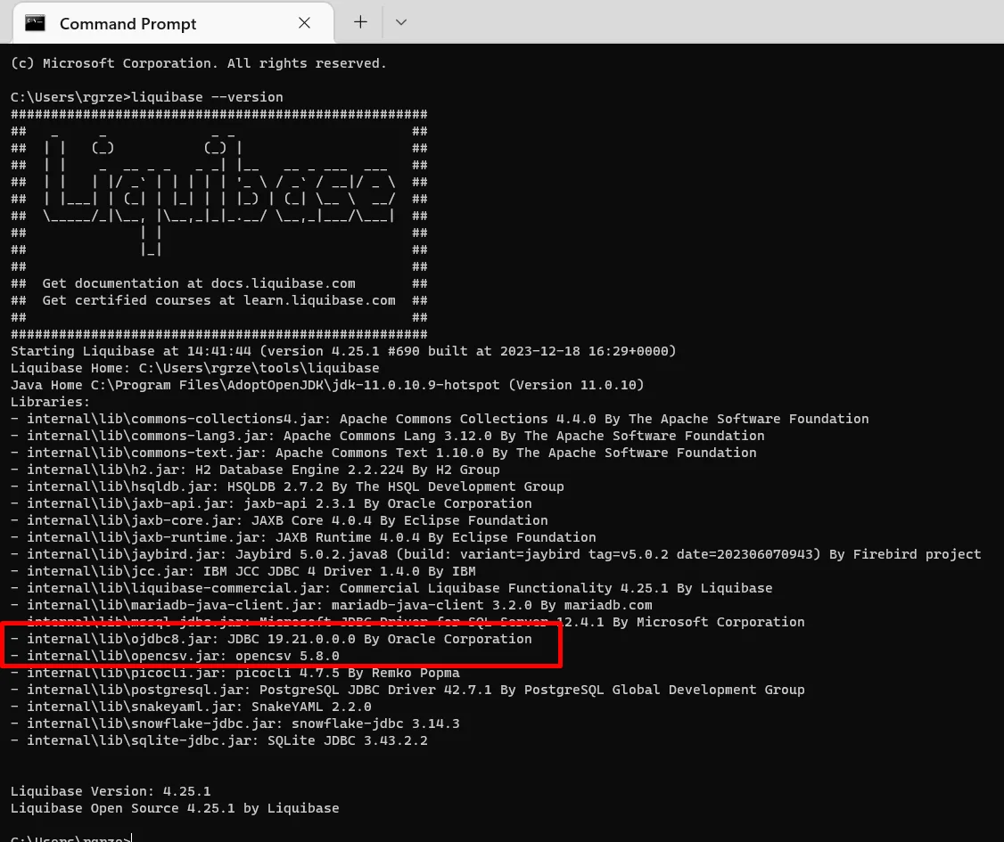 Historical Liquibase 4.25.1 Windows Command Prompt showing version output and installed libraries