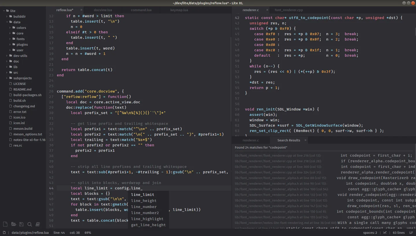 Publisher's Lite XL screenshot on Linux, showing a project tree, split Lua and C code panes, autocomplete and search results