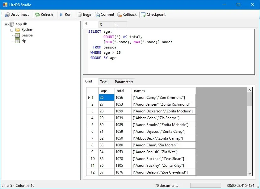 LiteDB Studio showing an app.db database tree, a SQL query and grouped results in a grid on Windows.