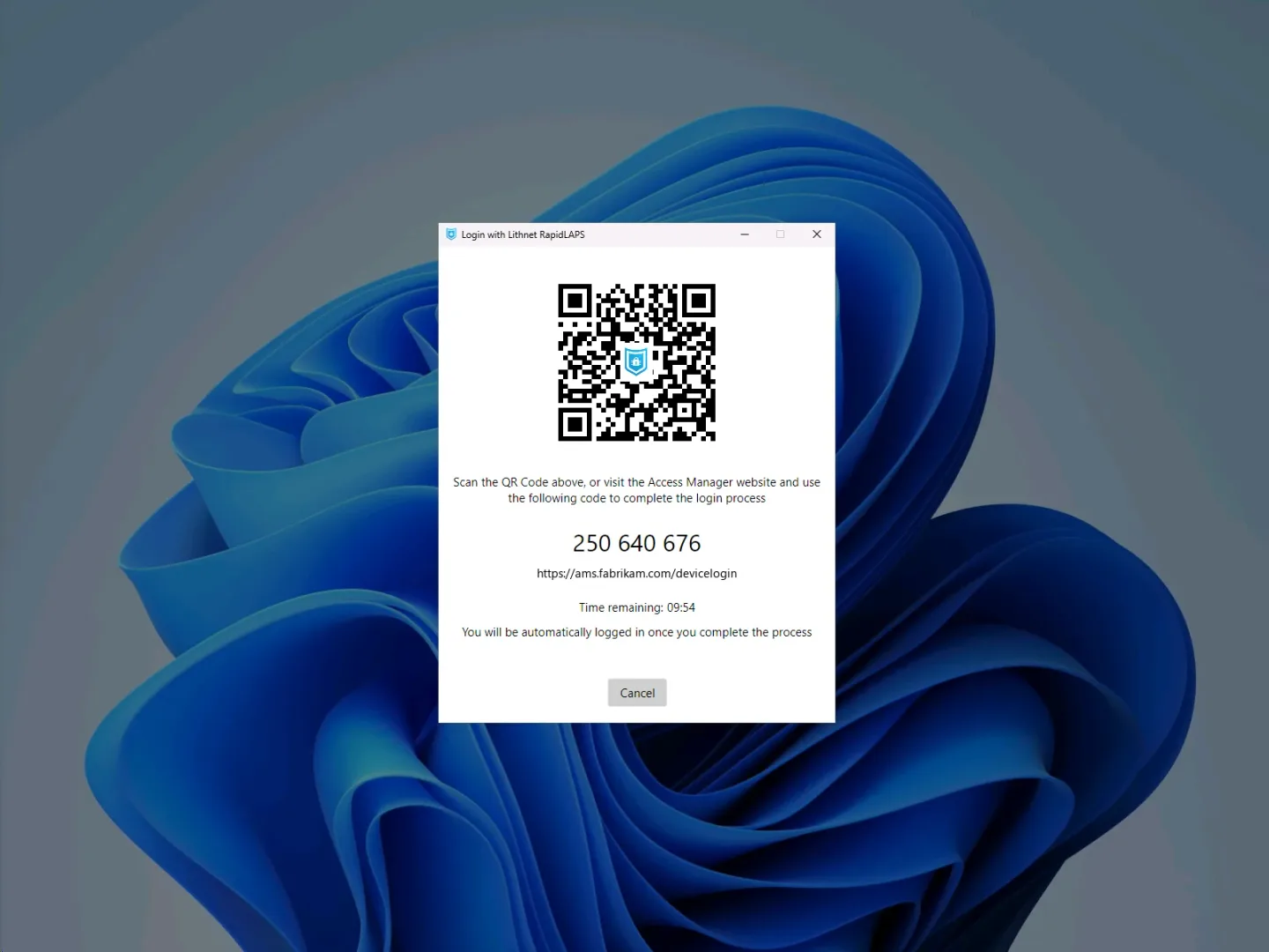 Lithnet RapidLAPS login window on Windows 11 showing a QR code, numeric PIN, server address and Cancel button.