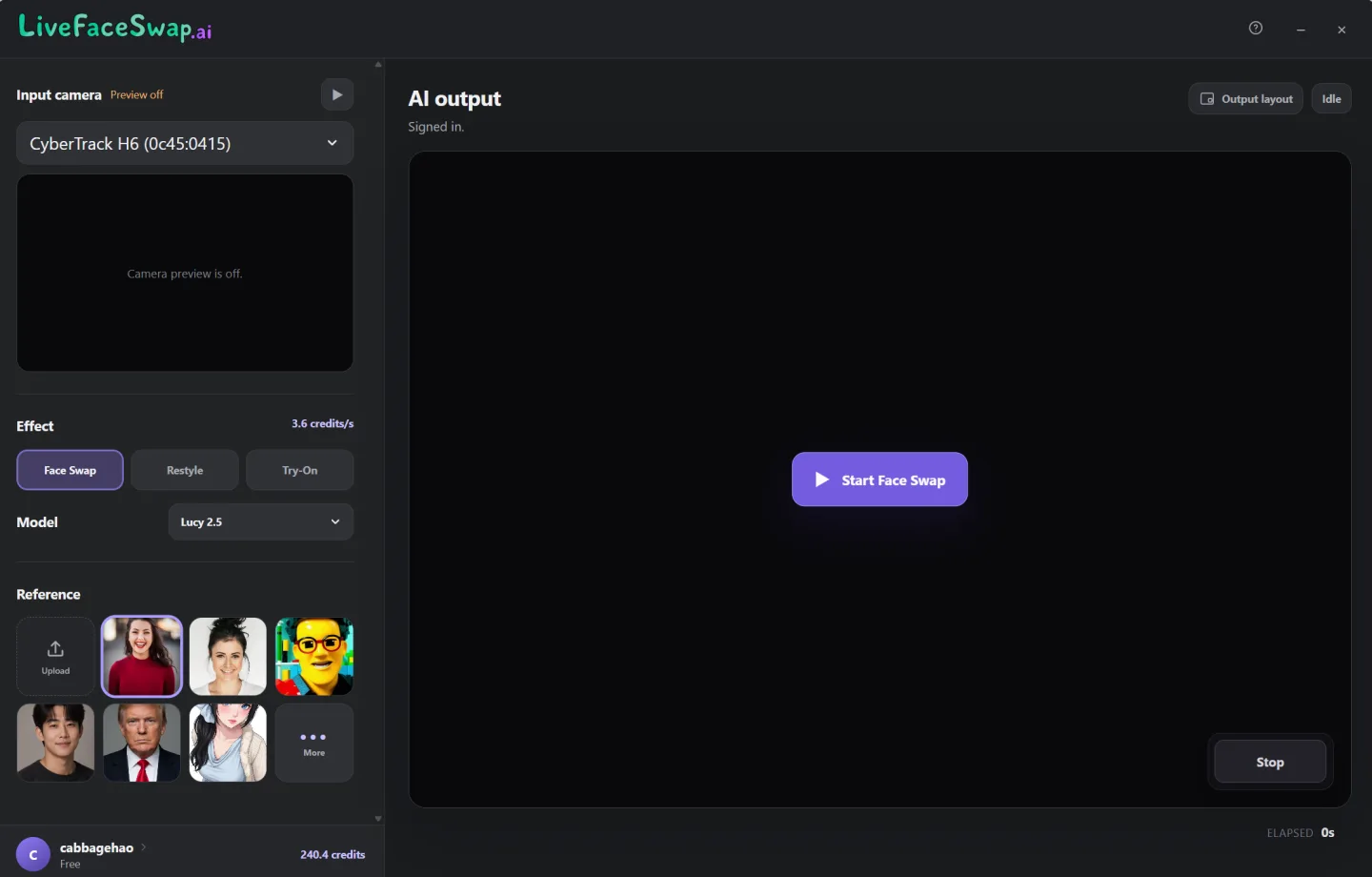 LiveFaceSwap desktop workspace with camera preview off, Face Swap controls, reference thumbnails and an idle AI output panel