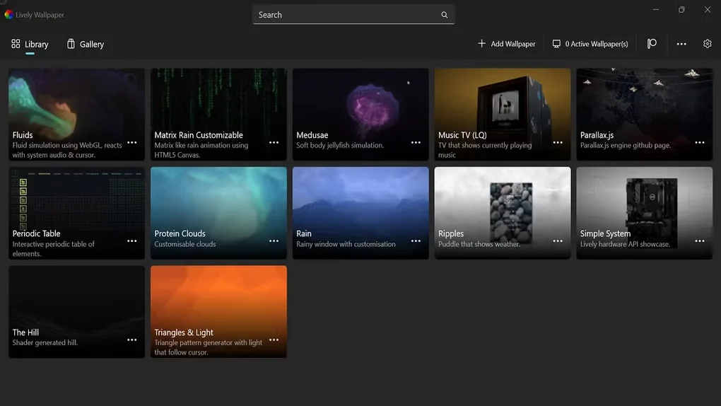 Lively Wallpaper library with search, Add Wallpaper controls and a grid of animated wallpaper previews.