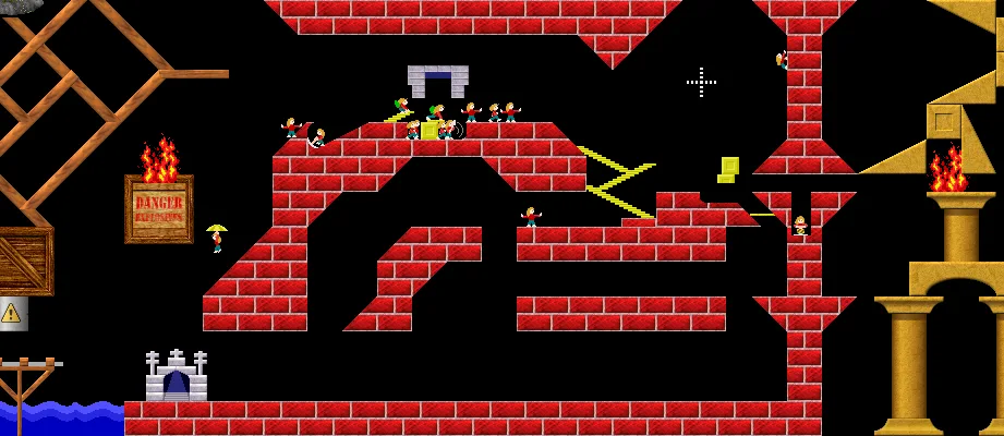 Lix gameplay in Any Way You Want: characters cross red brick platforms between flames, water and an exit.