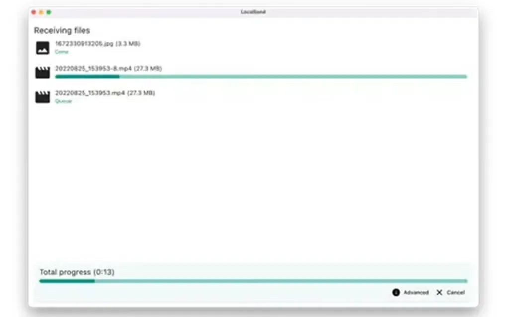 LocalSend on macOS receiving files, with individual file statuses and a total progress bar.