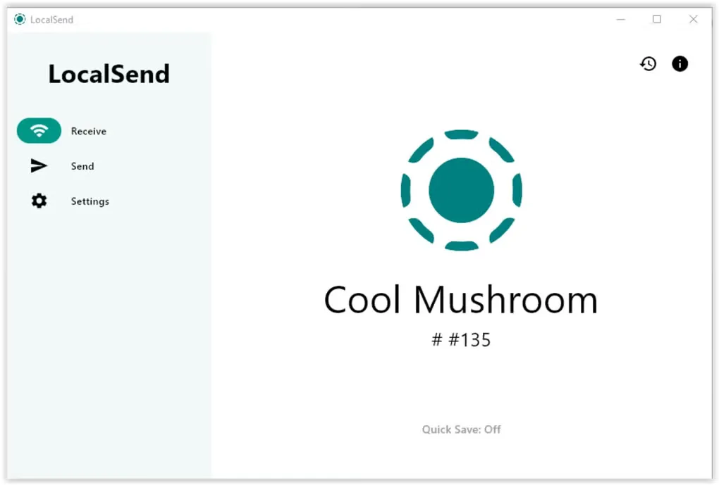 LocalSend Windows Receive screen with device name Cool Mushroom, Send and Settings navigation, and Quick Save off