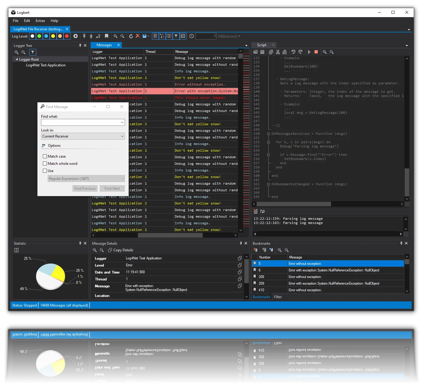 Logbert showing a log4net message table, logger tree, Find Message dialog, Lua script pane, message details and bookmarks.