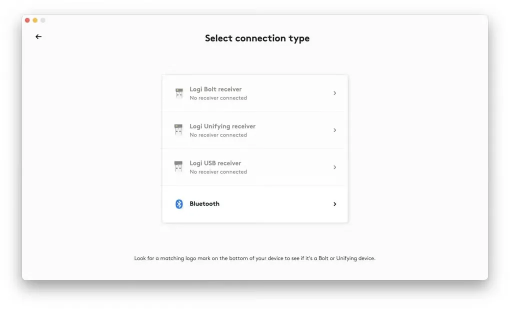 Earlier Mac Logi Options+ connection selector with Logi Bolt, Unifying, USB receiver and Bluetooth choices