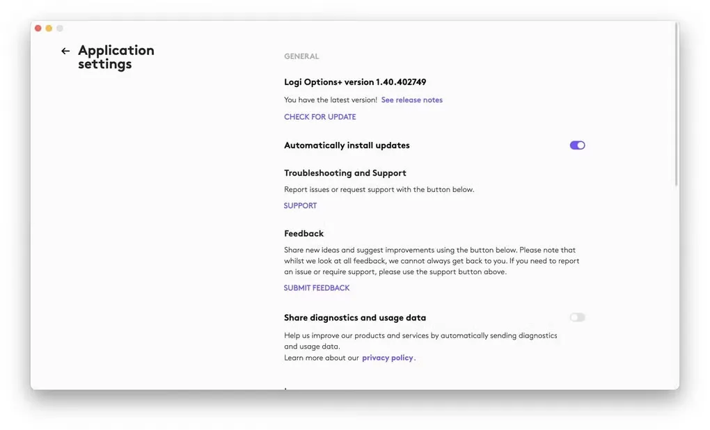 Earlier Mac Logi Options+ application settings with update, support, feedback and usage-data controls