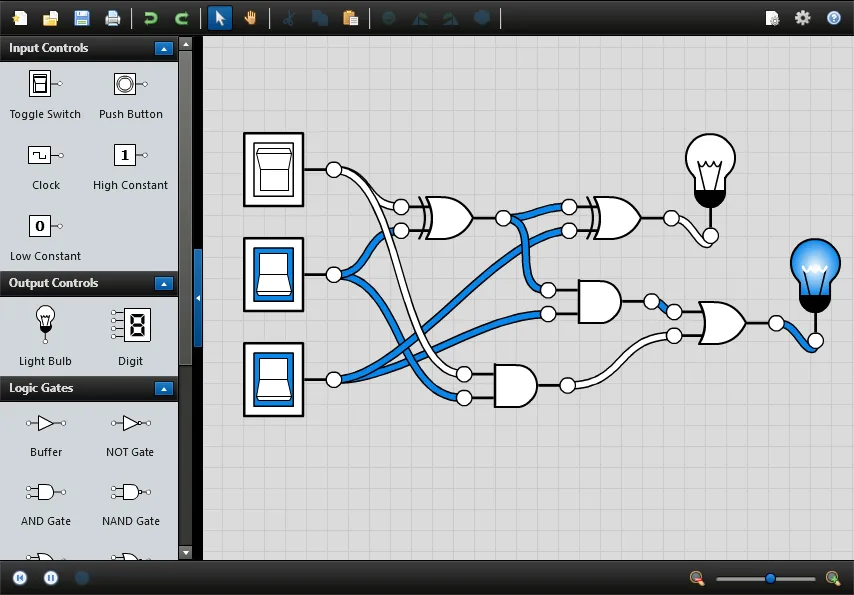 Logicly circuit editor with a component palette, three toggle switches, connected logic gates and two lamp outputs
