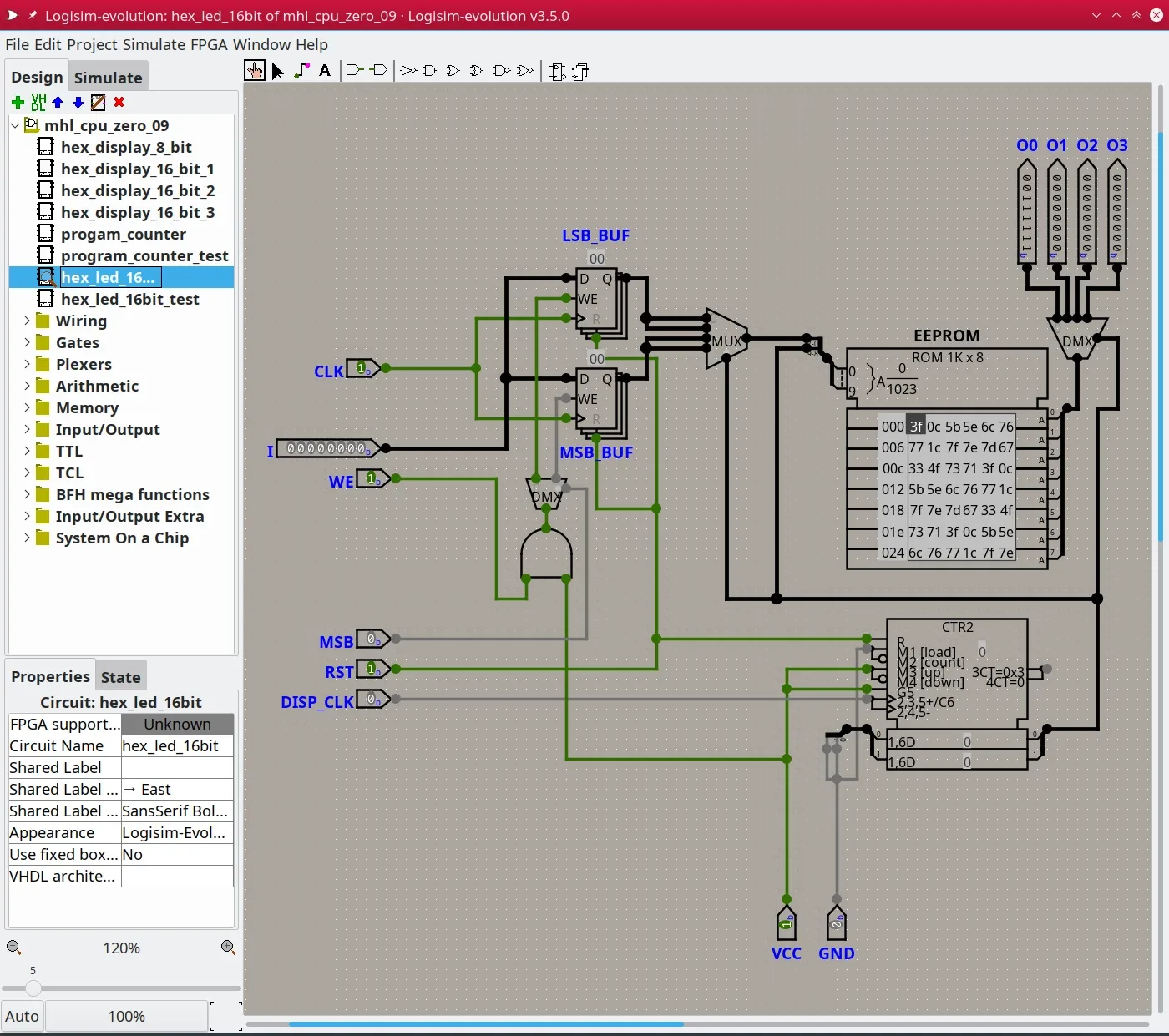 Publisher example of Logisim-evolution 3.5.0 on Kubuntu showing the component tree and wired digital circuit; not the macOS interface