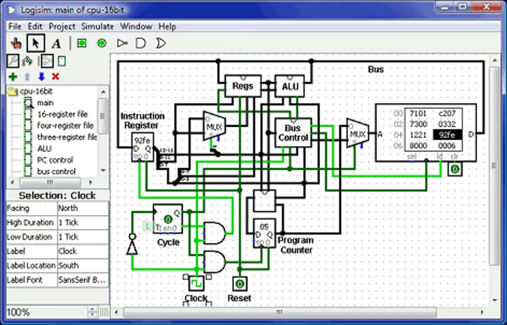 Logisim on Windows displaying a 16-bit CPU circuit with subcircuits, registers, an ALU and color-coded wires.