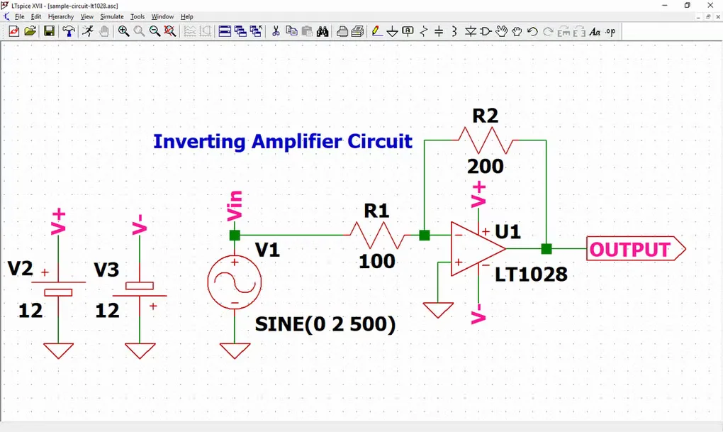 Legacy LTspice XVII Windows schematic editor showing an LT1028 inverting amplifier with input, feedback resistors and output label
