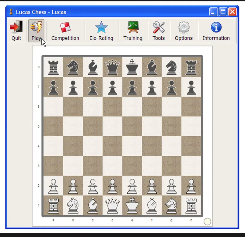 Older Lucas Chess Windows interface with the starting chess position and Play, Competition, Elo-Rating, Training and Tools controls