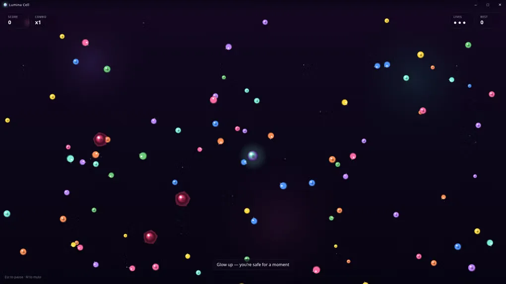 Lumina Cell gameplay arena with a glowing player cell, colorful smaller cells, red predators and score, combo and lives indicators.