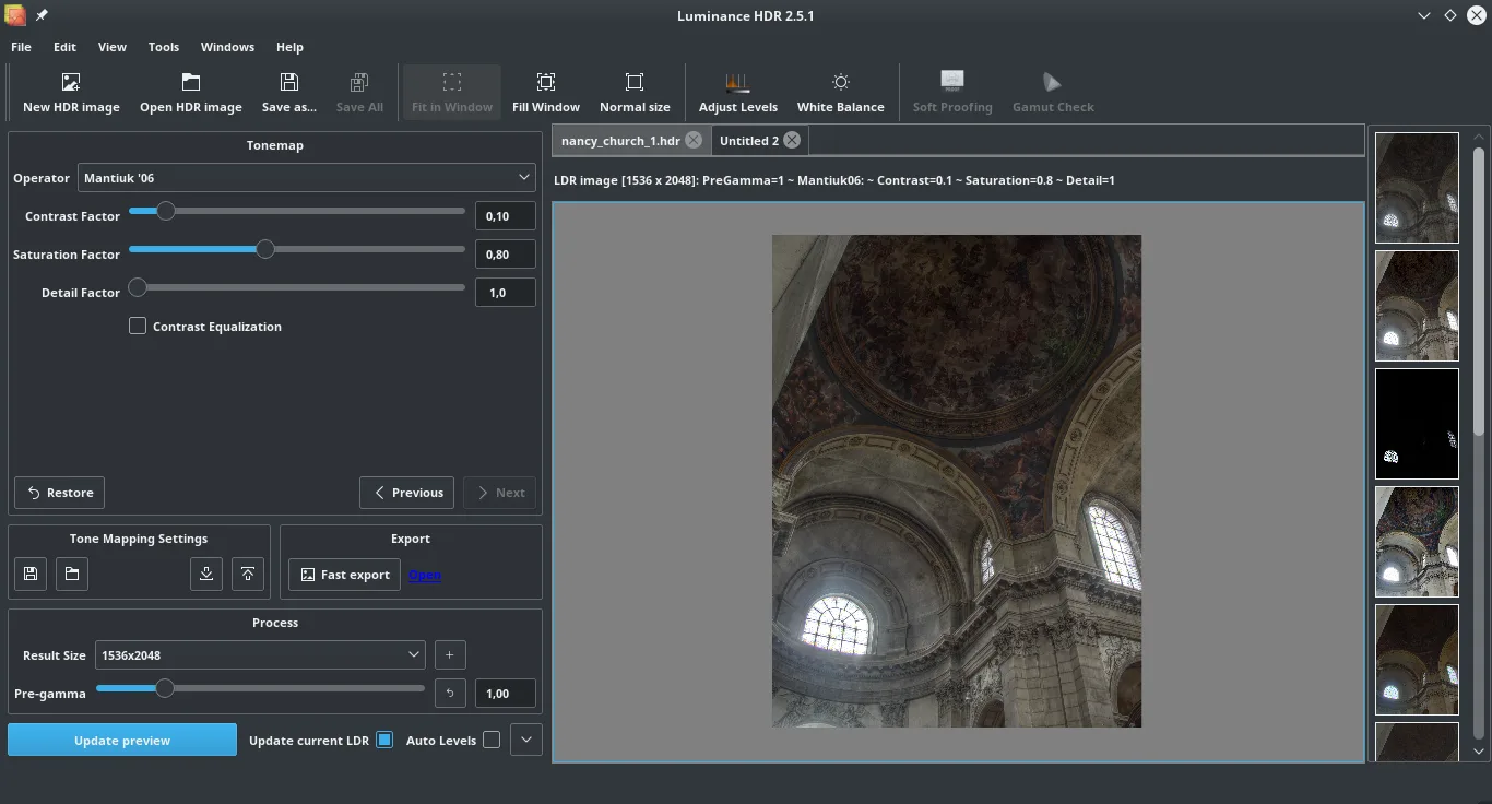 Luminance HDR 2.5.1 publisher screenshot showing tone-mapping controls, a church interior preview and result thumbnails.