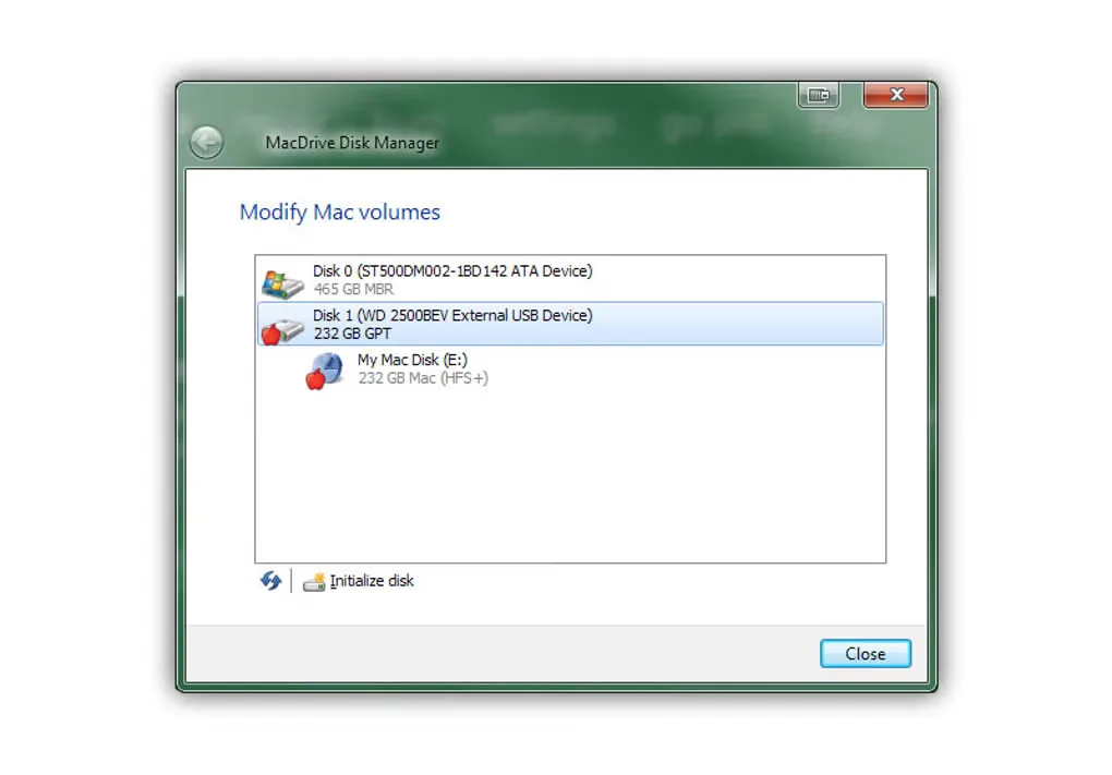 Older MacDrive Disk Manager interface showing an external disk and its HFS+ Mac volume in the Modify Mac volumes view