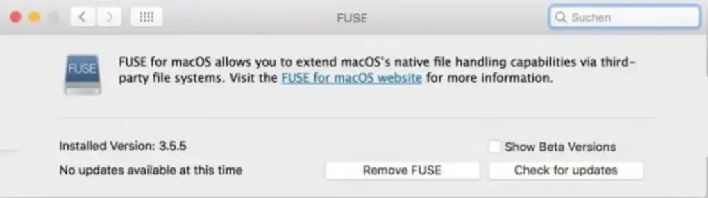 Historical FUSE for macOS preferences pane showing installed version 3.5.5, update controls and Remove FUSE button.