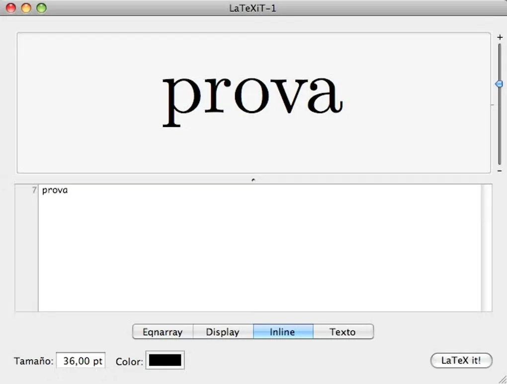 Historical LaTeXiT window from the MacTeX gallery, showing source text, a typeset preview and display-mode controls.