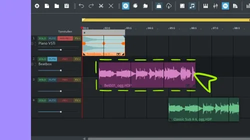 Music Maker arranger detail with colored audio clips on separate tracks; publisher-annotated illustration.