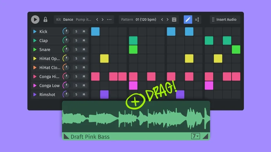 Beatbox Pro 3 interface with colored drum-pattern steps and an illustrated sample-drag overlay.