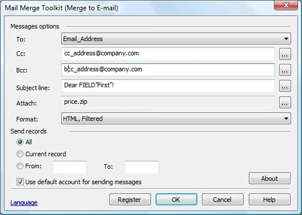 Mail Merge Toolkit Merge to E-mail dialog with recipient fields, a personalized subject, attachment and message format controls