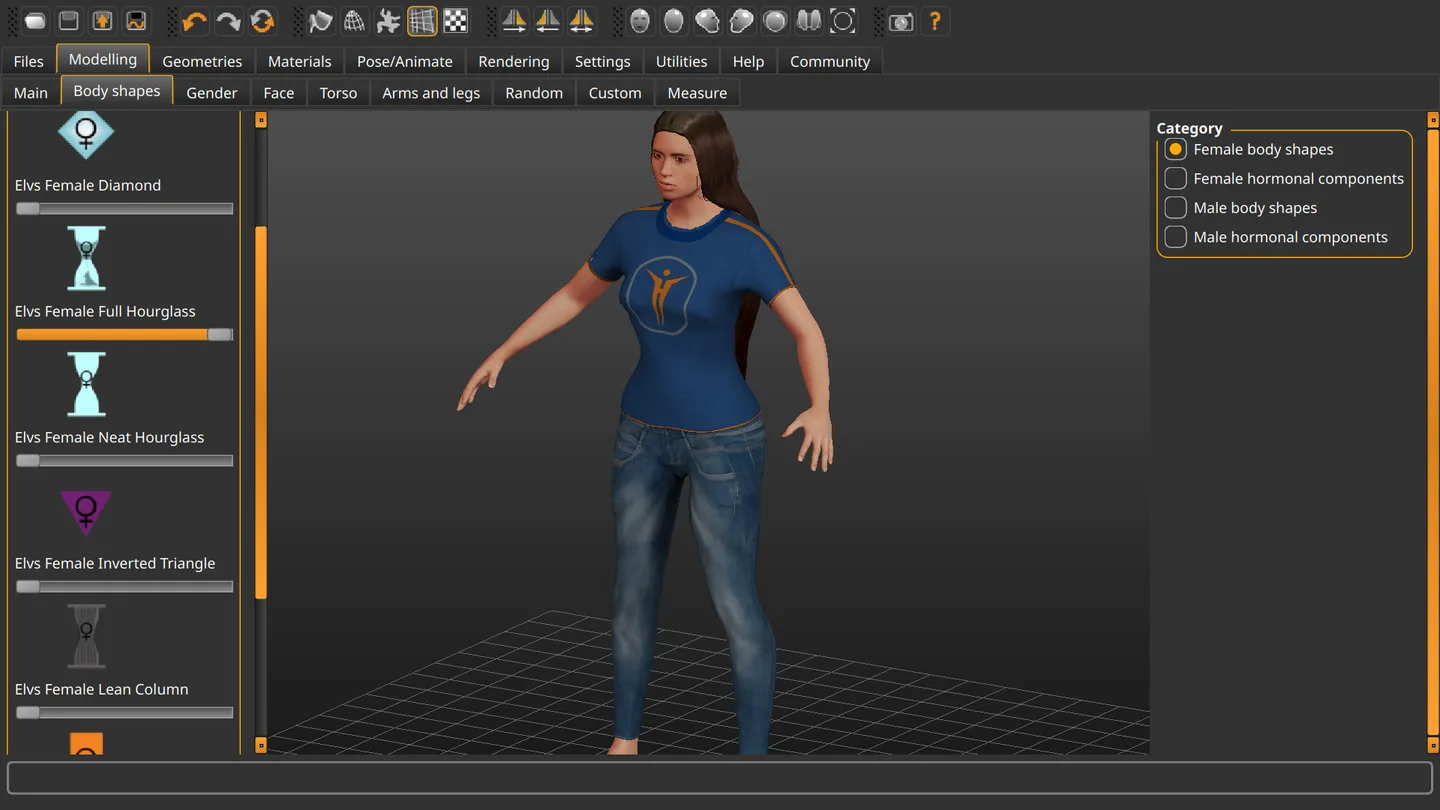 MakeHuman Body shapes panel with a clothed 3D character, body-shape sliders on the left and category controls on the right